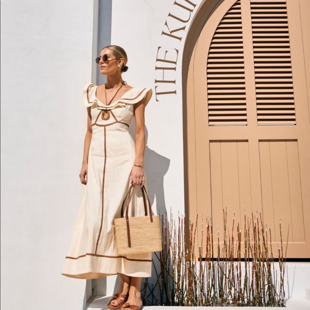 M.G. Style x Antonio Melani Kurry Flounce Shoulder Tie Linen Midi Dress